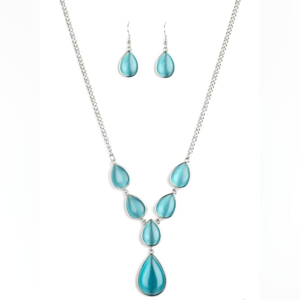 Paparazzi Dewy Decadence Blue Cat Eye Teardrop Necklace and Earring Set